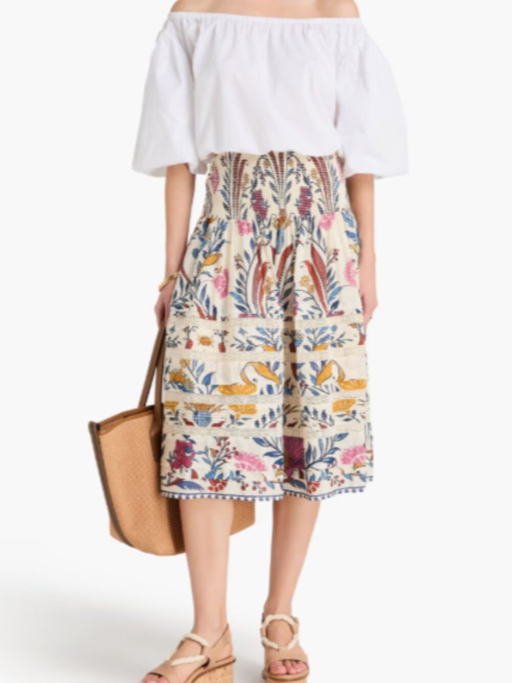 FARM RIO Ana Crocheted lace-trimmed printed cotton-blend midi skirt sz M - Picture 2 of 5